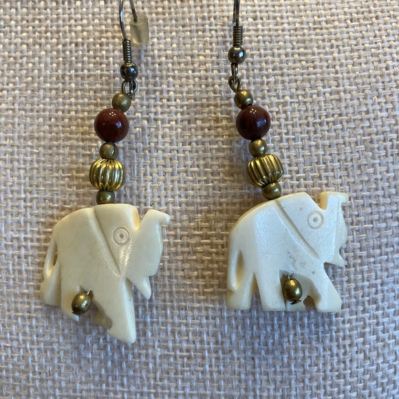 Bone  Elephant Dangle Earrings with Gold and Brown Accents - Women Jewelry - Picture 6 of 9